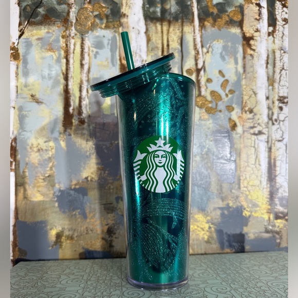 Starbucks Green Glitter Tropical Swirl Acrylic Cold Cup Tumbler - Picture 2 of 6